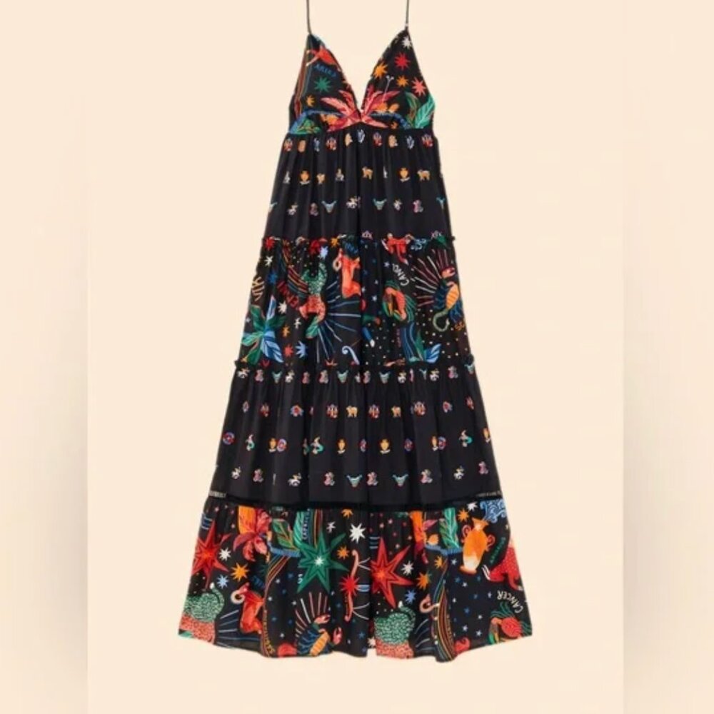 FARM RIO Rio Zodiac Embroidered Maxi Dress Black S NWT $295 - Picture 3 of 12